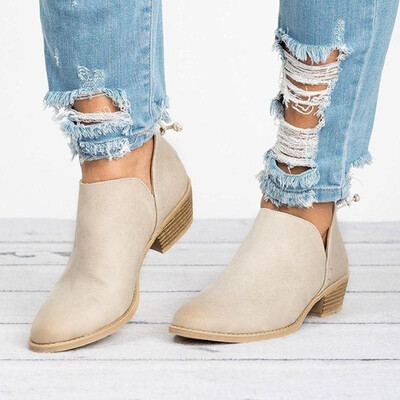 

Women Boots Solid PU Leather Ankle Length Low Cut Out Round Toe Low Heel Zipper Casual Boots