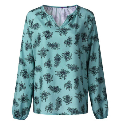 

Womens Autumn V-neck print tee long-sleeved loose comfortable T-shirt wild floral chiffon ladies tshirt