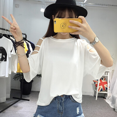 

Womens O-Neck Hollow Out Cold Shoulder Half Sleeve T-Shirt Solid Harajuku Style Cotton Blend Tops