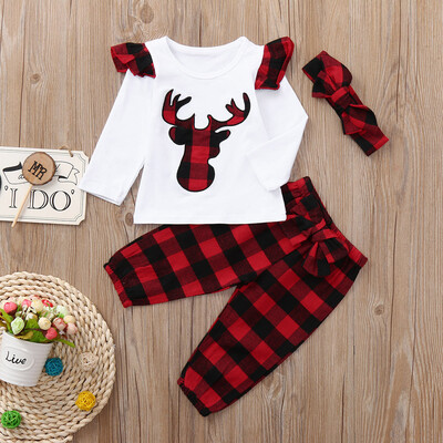 

3Pcs Toddler Infant Baby Boys Girls Christmas Deer Plaid Tops Pants Outfits Set