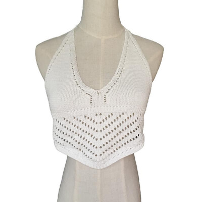 

New Fashion Women Crop Top Crochet Knit V Halter Neckline Self Tie Sexy Camisole Bikini Top WhiteBlack