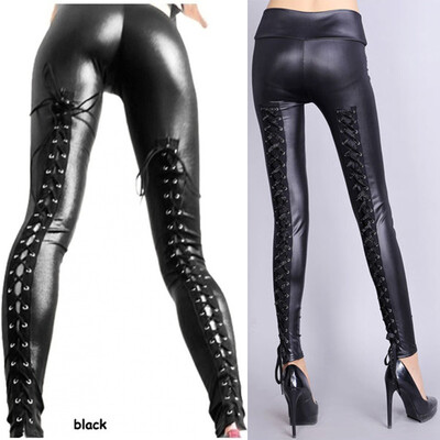 

Tailored Women Ladies Fashion High Waist Sexy Black Ladies Lace Up Leather Leggings Pants