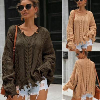 

NEW Women Loose Knitted Pullover Jumper Sweater V-Neck Long Sleeve Knitwear Top