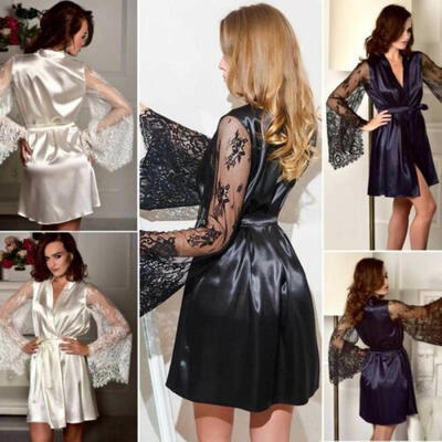 

Women Sexy Long Sleeve Kimono Dressing Gown Babydoll Lace Lingerie Bath Robe