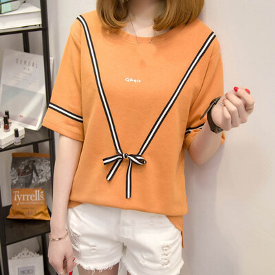 

Starmoon Women Fashion Leisure O-Neck Half Sleeve T-Shirt Stripe Tops Bow Blouse