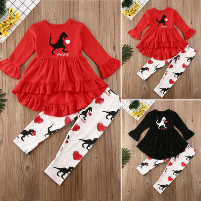 

UK 2019 Valentines Day Kids Baby Girl Ruffle Tops Dress Long Pants 2PCS Clothes