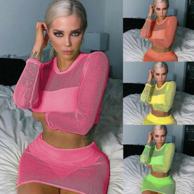 

Sexy Women 2PC Sheer Mesh Club Outfits Long Sleeve TopMini Skirt Bodycon HOT