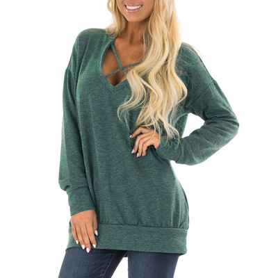 

Nomeni Womens V-Neck Long Sleeve Shirt Criss Cross Sweatshirt Pullover Tops Blouse
