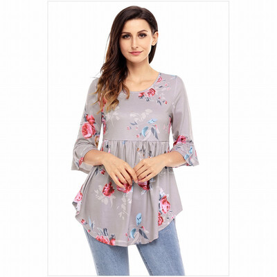 Round neck seven-point trumpet sleeve printed hem retro shirt womens