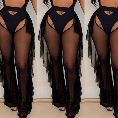 

Womens Sexy High Waist See Through Beach Mesh Sheer Lace Bikini Cover Up Swimwear Casual Flared Leg Ruffle Long Pants Trousers