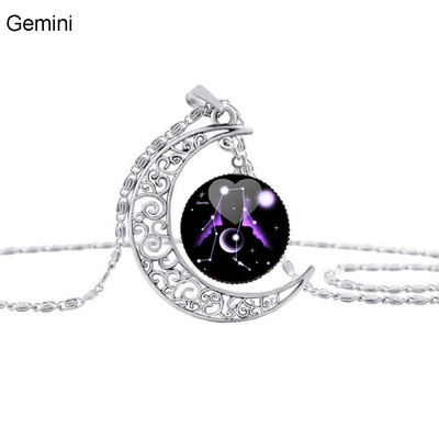 

Fashion Unisex Party Jewelry 12 Constellation Faux Gem Hollow Moon Necklace