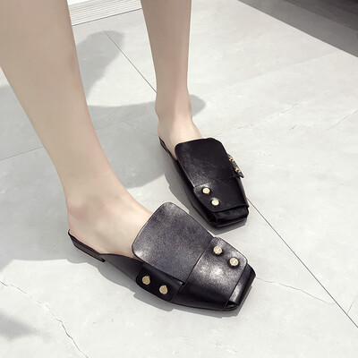 

Rose Womens Wild Square Head Rivets Comfortable Low Heel Slippers Fashion Lazy Shoes