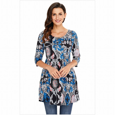 

Round neck cropped sleeve bohemian skirt long shirt womens