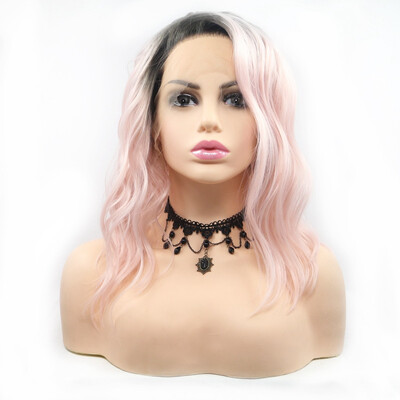 

Amazing Star Lace Frontal Bob Wigs Wavy Hair Pink Color Middle Part 13x3 Hand Tied Lace Frontal Synthetic Hair