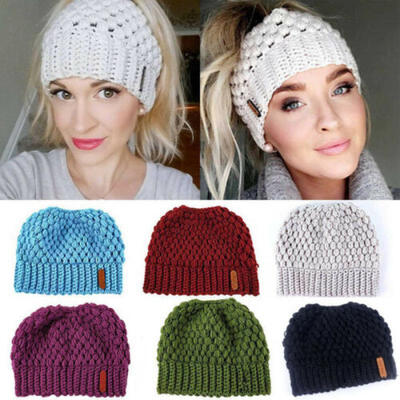 

Women Girls Stretch Knit Hat Messy High Bun Ponytail Beanie Warm Hole Cap AU