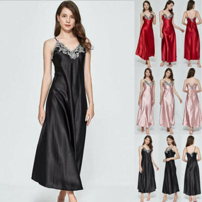 

Women Lace Satin Silk Long Nightdress Sleepwear Ladies Strappy Nightwear Chemise