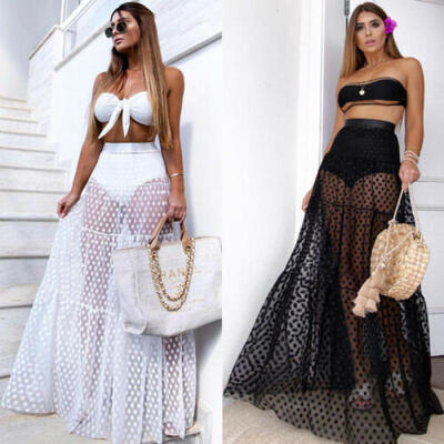

Women Sexy Skirt High Waist Dot Dress Summer Transparent Long Maxi Skirt Dress