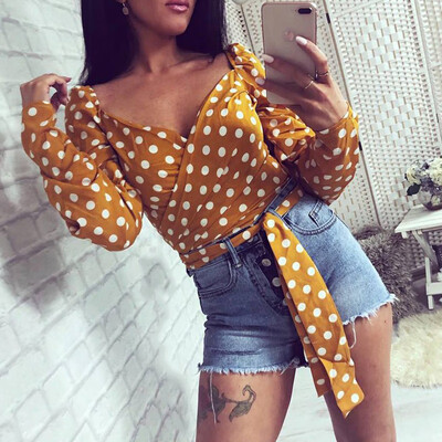 

Womens Summer V-neck Long Sleeve Sunscreen Sexy Casual Dots Lace Up Blouse Tops