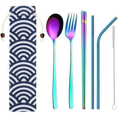 

Toponeto Stainless Steel Dinnerware Set Metal Straw Spoon Fork Chopsticks Tableware 6 Pcs