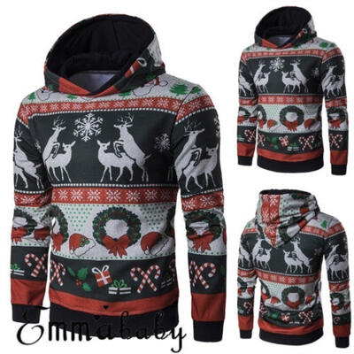 

Mens Winter Christmas Hooded Hoodie Sweater Sweatshirt Pullover Jumper Tops