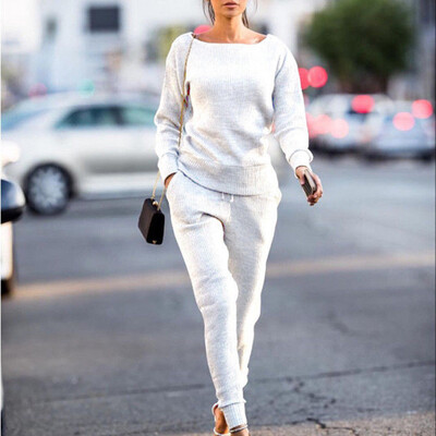 

Roseonmyhand 2Pcs Women Solid Tracksuit Sweatshirt Long Pants Sport Lounge Wear Suit Sets