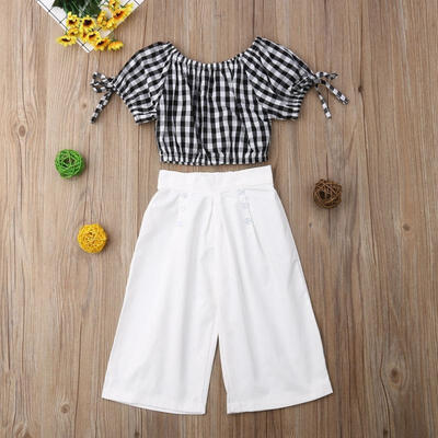 

2Pcs New Toddler Kids Baby Girls Clothes Outfits Plaid TopsLoose White Pants Sets