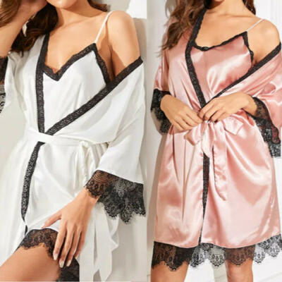 

2 PCS Summer Women Sexy Pajamas Silk Pijamas Sleepwear Deep V Sling Lingerie Set