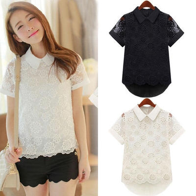 

Fashion Lady Doll Collar Hollow Chiffon Lace Short Sleeve T-Shirt Top Blouse New