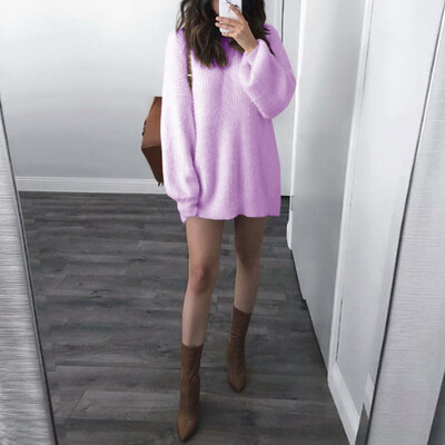 

Ladies Solid Knitted Crew Neck Long Sleeve Pullover Loose Autumn Warm Sweater