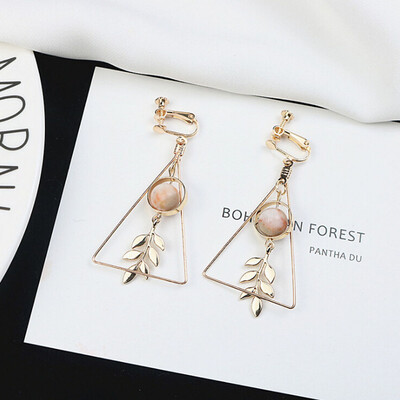 

European&American Fashion Vintage Hollow Out Triangle Marble Round Beads Leaf Earrings For Woman Girls