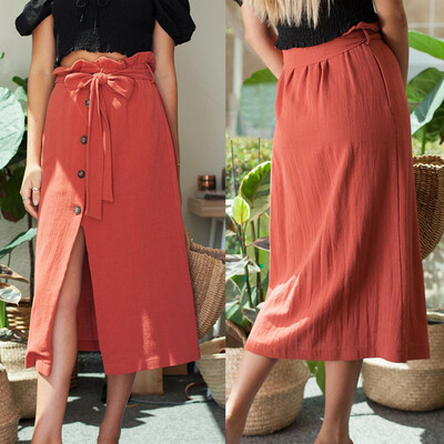 

Roseonmyhand Women Summer Bohe High Waist Button Belt Cotton Linen Beach Wrap Long Skirt