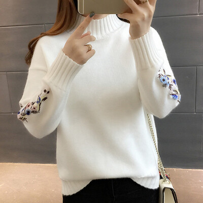

Tailored Autumn Winter Sweater Women Embroidery Pullover Turtleneck knitting Basic Tops
