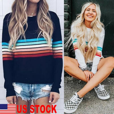 

New Women Long Sleeve Loose O Neck Rainbow Striped Blouse Casual Top T-shirt
