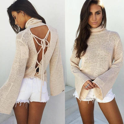 

New Womens Long Sleeve Backless Loose Knitted Sweater Ladies Casual Jumper Tops