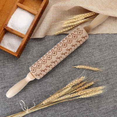 

Toponeto Christmas Rolling Pin Engraved Carved Wood Embossed Rolling Pin Kitchen Tool
