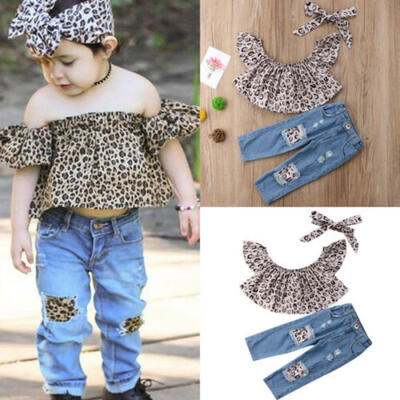 

Baby Girls Kids Leopard Off Shoulder T-shirt Jeans Pants Toddler Outfit Clothes