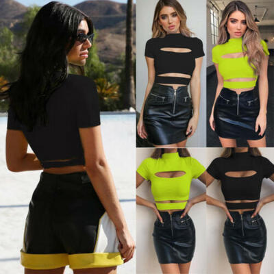 Womens Short Sleeve Ladies Stretch Leotard Hollow Out Bodysuit High Neck Tops