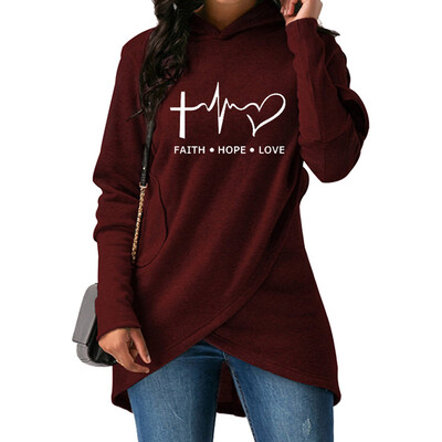 

Women Hoodie Faith Hope Love Print Irregular Hoodie Long Sleeve