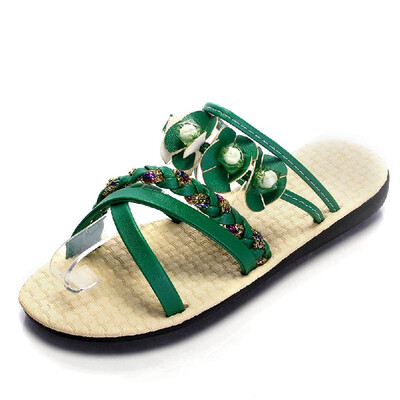 

Fashion Women Flat Sandals Flower Beading Cross Woven Strap Flat Shoes