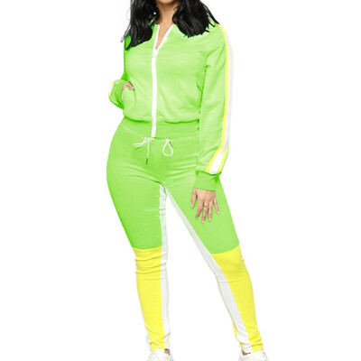 

2019 Fashion Casual Women Cardigan Color matching Long sleeve Sports Set