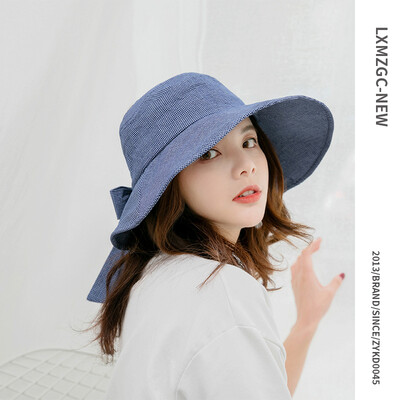 

2019 new summer sun hat ladies Korean version of the new fine plaid strap hat outdoor large eaves sun hat