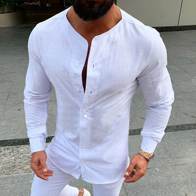 

Men Long Sleeve Shirt Casual Lapel Button Front Slim Fit T-shirt Tops Size -3XL