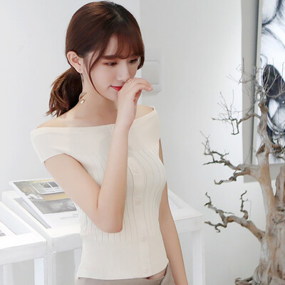 

solid color slash neck t shirt women off shoulder crop top Summer sexy short sleeve knitted t shirt backless tee tops