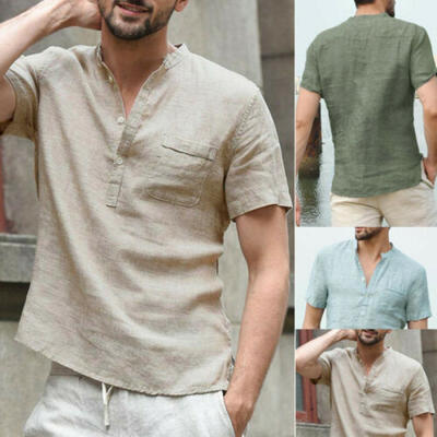 

Herren T-Shirt Kurzarm Leinenhemden Lässig Atmungsaktiv Weich V-Ausschnitt Tops