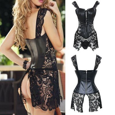 

SLIMBELLE Women Sexy Faux Leather Steampunk Boned Bustier Black Lace Dress Corset Clubwear