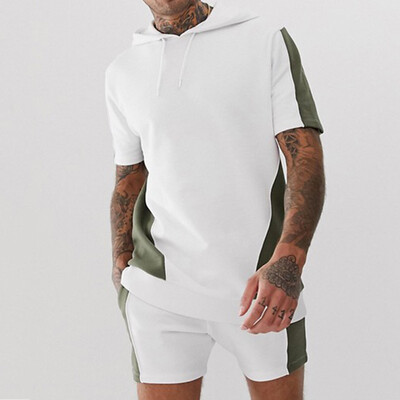 

Toponeto Men Shirt&Shorts Hooded Outfit Pocket Sports Color Block Two Piece Set