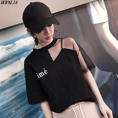 

Womens Round Neck Letter Print Mesh Stitching Short Sleeve T-Shirt Patchwork Korean Style Polyester Tops