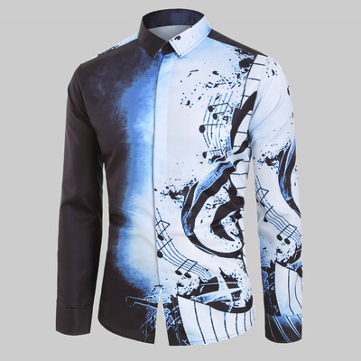 

Toponeto Men Casual Musical Note Pattern Casual Long Sleeves Shirt Top Blouse