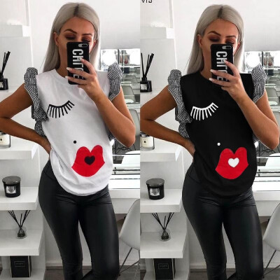 

2019ebay AliExpress explosion models new lotus leaf sleeve cartoon printing round neck T-shirt FN733 white