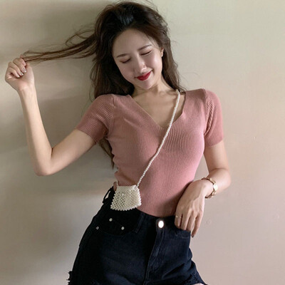 

Korean Version Summer Knitted Short Sleeved T-shirt Chic V Collar Solid Color Slim Simple Casual Tee Shirt